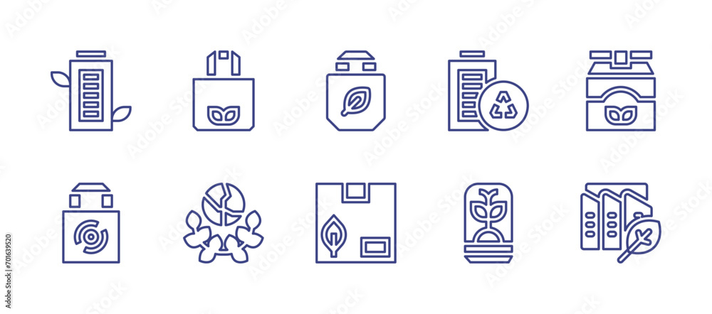 Ecology line icon set. Editable stroke. Vector illustration. Containing eco bag, eco packaging, ecology, eco factory, battery, biodegradable, bulb.