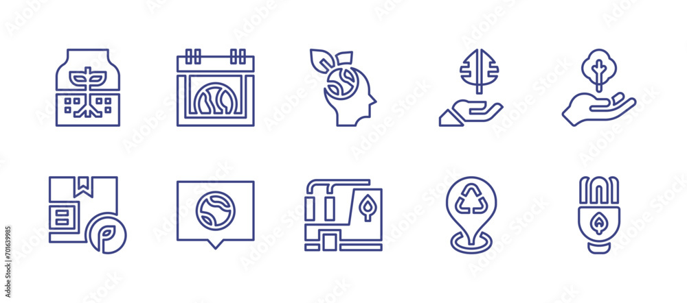 Ecology line icon set. Editable stroke. Vector illustration. Containing ecologist, green factory, leaf, tree, location pin, saving, sprout, calendar, cardboard, earth.