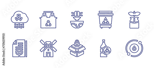 Ecology line icon set. Editable stroke. Vector illustration. Containing light bulb, box, recycle bin, recycle, glass bottle, water cycle, acid rain, battery, recycled paper, windmill. photo