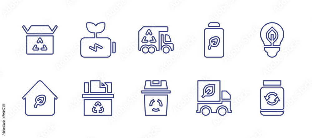 Ecology line icon set. Editable stroke. Vector illustration. Containing battery, renewable energy, recycling, recycled, house, recycle, recycle bin, truck.
