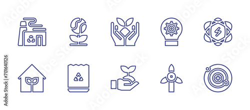 Ecology line icon set. Editable stroke. Vector illustration. Containing sprout  growth  lightbulb  nuclear energy  turbine  neutron  earth  paper bag  recycling  garden.