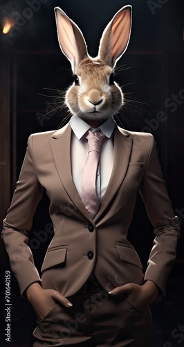 A female rabbit dressed in an elegant suit. Fashion portrait of an anthropomorphic feminisme animal posing with a charismatic fashion human attitude