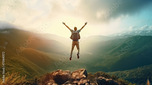 Happy man with arms up jumping on the cliff. celebration of a young man success hiking mountain. lifestyle concept.