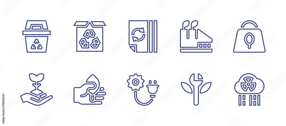 Ecology line icon set. Editable stroke. Vector illustration. Containing recycle bin, sprout, paper recycle, solar energy, factory, bag, restoration, acid rain, delivery, leaf.