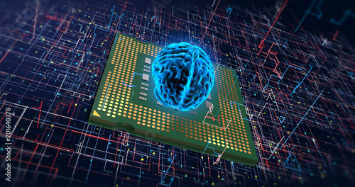 Empowering the Future: Artificial Intelligence, Computer Chips, Processors, and Innovation. Digital Human Brain Symbolizing AI.