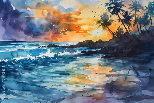 A vibrant watercolor landscape of a serene beach at sunset, with palm trees swaying gently in the breeze and waves crashing on the shore.no.02
