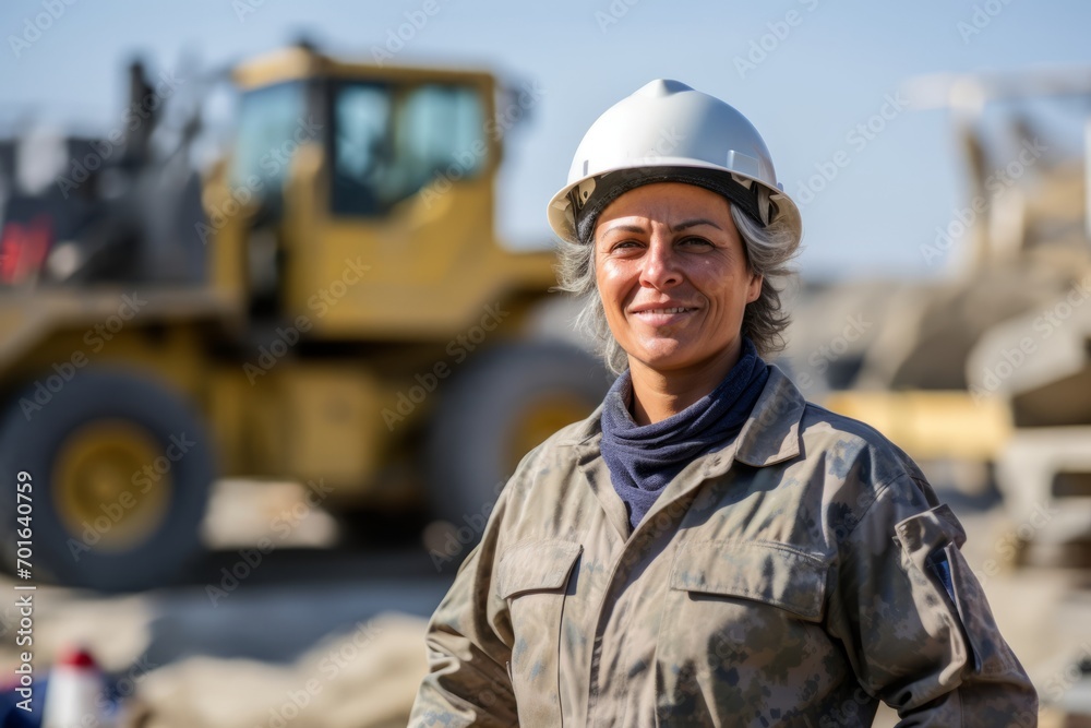 Portrait of smiling mature female construction worker standing at construction site outdoors Portrait of smiling mature female construction worker standing at construction site outdoors