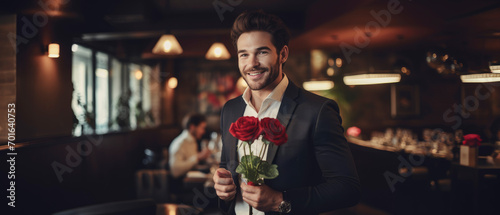 Handsome elegant man holding red roses and smiling in restuarant, valentine concept photo