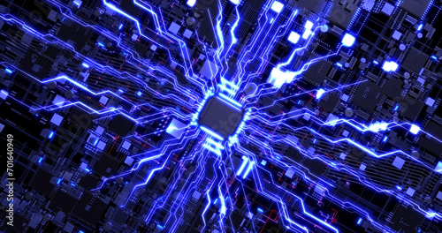 Close Up High Tech Circuit Computer Board Processor. Futuristic Technology. Computer And Technology Related 3D Illustration Render