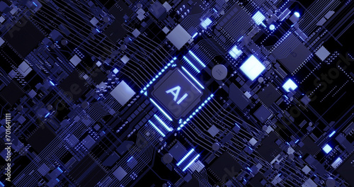 AI CPU Processing Data. Glowing Data Signals Flowing. Futuristic AI Processor. Computer And Technology Related 3D Illustration Render