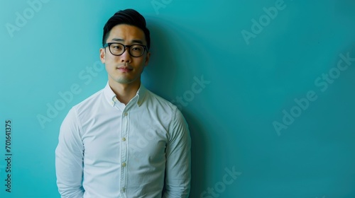 Professional Asian Man in Smart White Shirt with Aquamarine Background