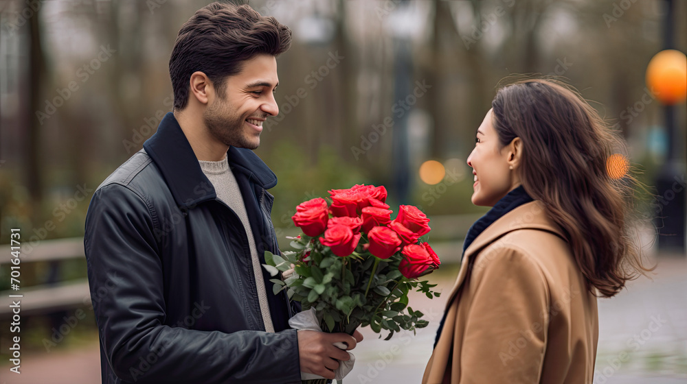 smiling young man giving a bouquet of flowers to his girlfriend, Valentine anniversary concept