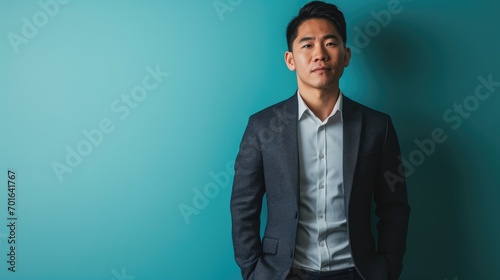 Distinguished Asian Businessman in Suit with Turquoise Background