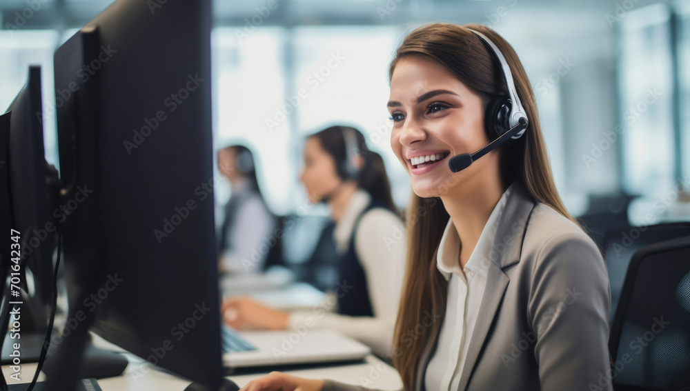 Office happy communication operator telemarketing business call headset support technology service Office happy communication operator telemarketing business call headset support technology service
