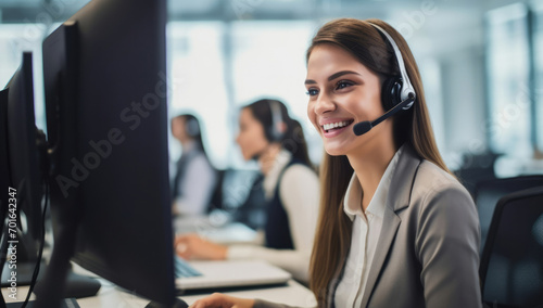 Office happy communication operator telemarketing business call headset support technology service photo