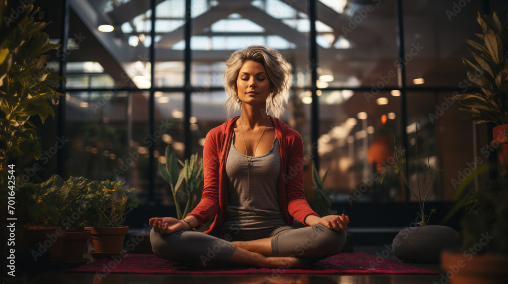 Front view of a Mature Woman in quiet meditation inside a zen room in the morning light with a blurry background