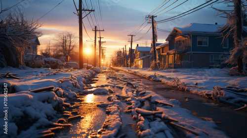 Empty town street under lots of fresh snow and ice partly removed in the sunset with street light on and a warm lighting