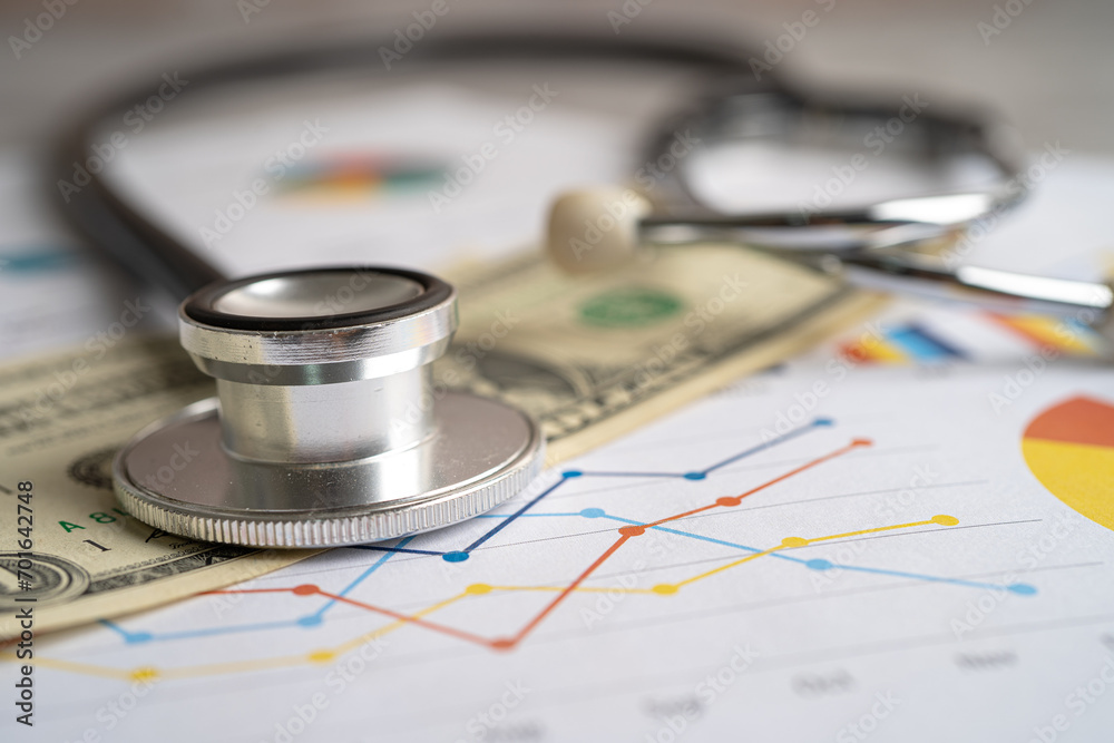 Stethoscope with US dollar banknote on graph paper, Finance, Account, Statistics, Investment, Analytic research data economy and business company. - obrazy, fototapety, plakaty 
