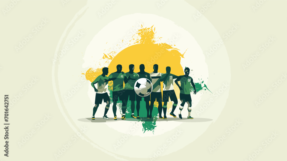 football team in a vector scene featuring players celebrating a goal or huddling together on the field. 