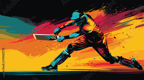 technique of cricket with a vector scene featuring powerful strokes, skillful fielding, and acrobatic catches on the field.