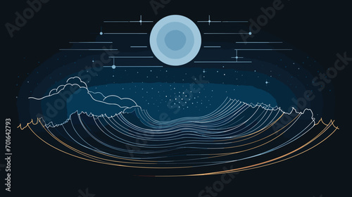 moon and the tides in a vector scene featuring ocean waves influenced by lunar gravitational forces. 