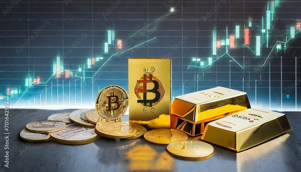 dollar vs gold bar vs bitcoin ,technical analysis, graph of stock market investment trading and financial growth chart background