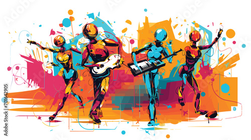 robotics in entertainment with a vector art piece illustrating robotic performers on stage. robots engaging in artistic expressions, music, or dance