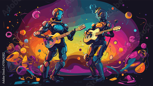 robotics in entertainment with a vector art piece illustrating robotic performers on stage. robots engaging in artistic expressions, music, or dance