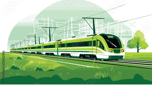 electric trains in a vector scene featuring trains powered by renewable energy sources. clean energy technologies