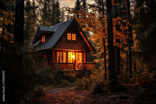 Lonely cozy house in the autumn forest, evening time