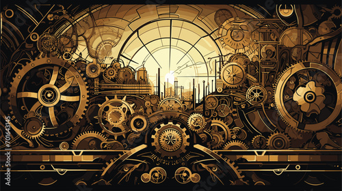 mechanical wonderland with intricate machinery, gears, and clockwork wonders seamlessly integrated into a surreal landscape.  metallic textures