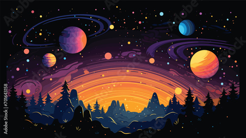 Dive into the enchanting beauty of a cosmic panorama with a vector scene portraying the vastness of space. Illustrate celestial bodies, galaxies, and cosmic phenomena in a harmonious composition that