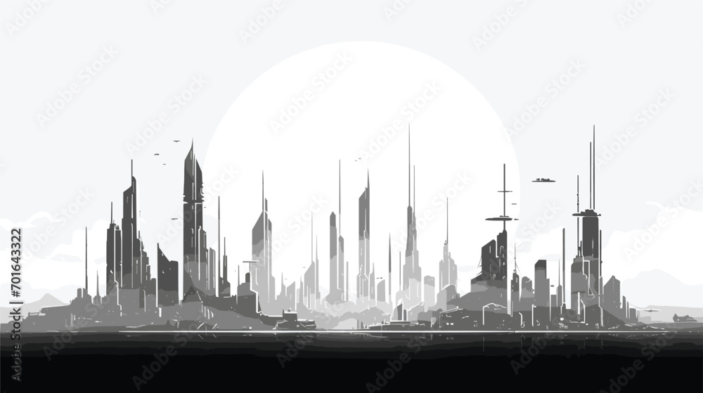 futuristic cityscape in floating city spires. Create floating platforms and towering spires with sleek, modern architecture.