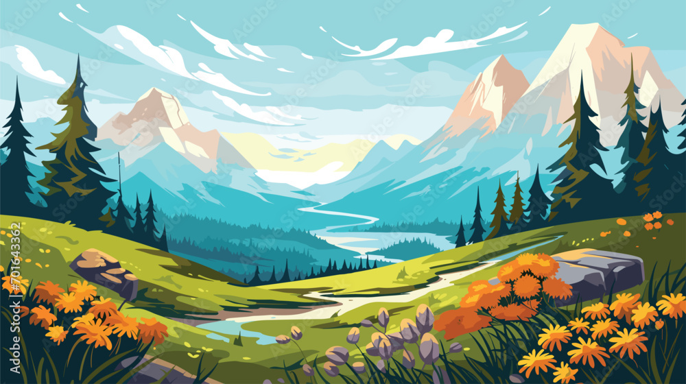 high-altitude splendor of alpine flora and fauna in a vector scene featuring mountainous landscapes, alpine flowers, and hardy wildlife.  - obrazy, fototapety, plakaty 