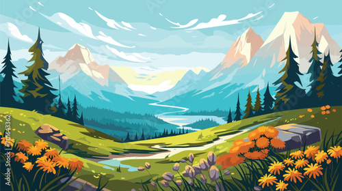 high-altitude splendor of alpine flora and fauna in a vector scene featuring mountainous landscapes, alpine flowers, and hardy wildlife.  photo