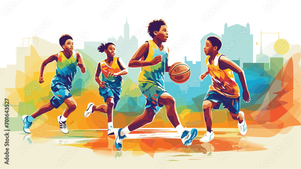 basketball in a vector art piece showcasing young players practicing, participating in youth leagues