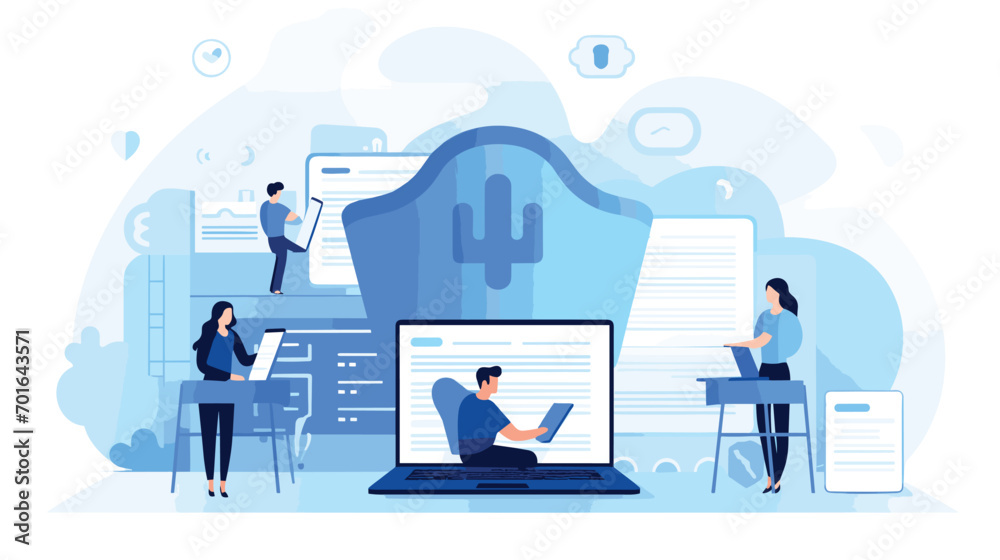 concept of data privacy with a vector scene featuring individuals managing their digital profiles and securing personal information. 