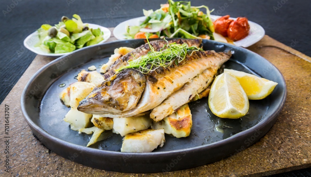 grilled seafood and vegetables-french cuisine dish with many vegetables grilled seafood and vegetables-french cuisine dish with many vegetables