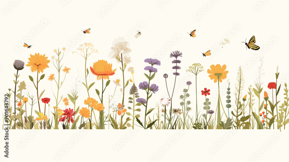 balance of a meadow ecosystem in a vector art piece showcasing blooming flowers, grasses, and a variety of small creatures. 