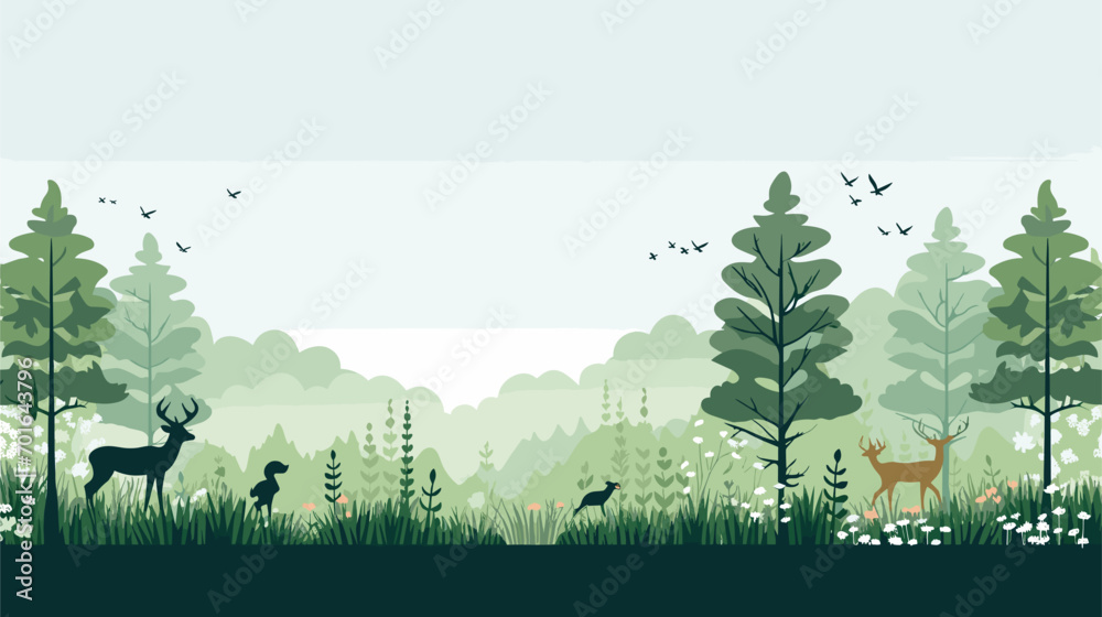 enchanting beauty of a woodland scene in a vector art piece featuring towering trees, woodland plants, and a variety of woodland creatures.  - obrazy, fototapety, plakaty 