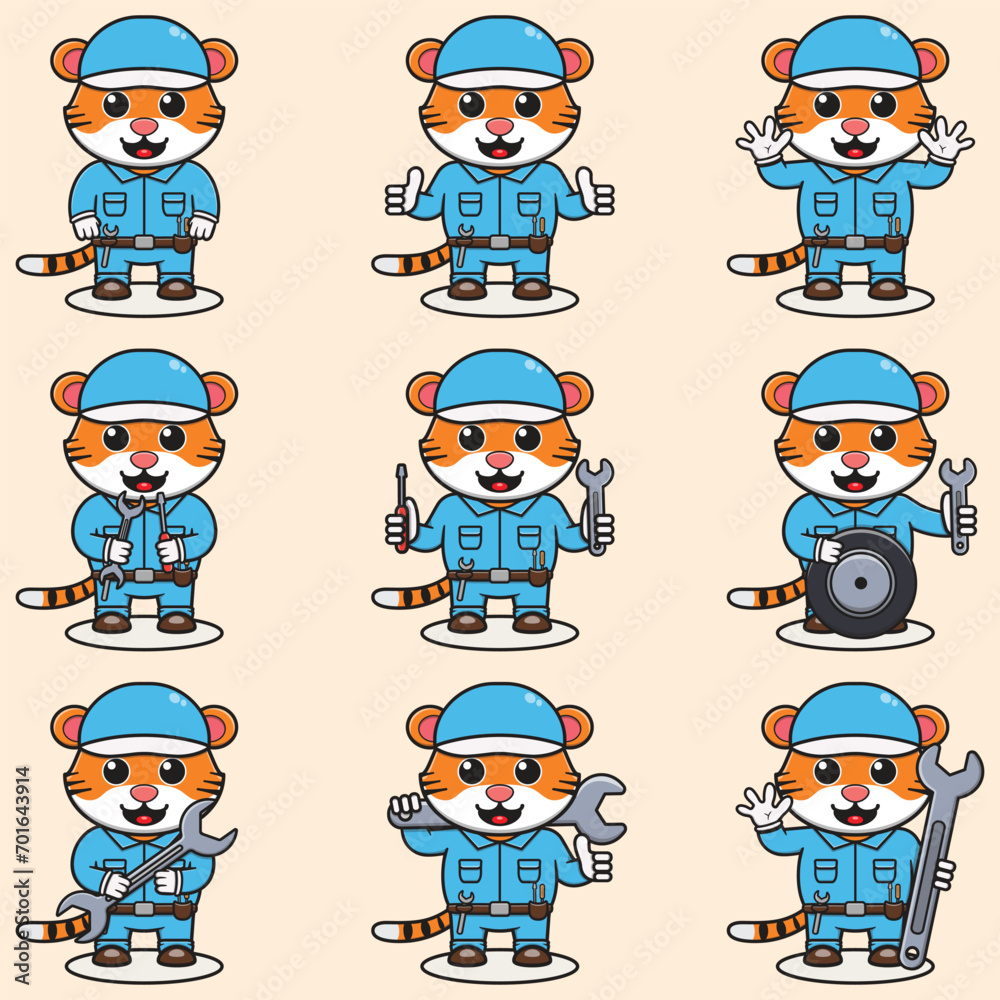 Mascot cartoon of cute Tiger wearing mechanic uniform and cap. Cute Tiger illustration. Character animal. Mechanic cartoon set. Vector illustration in isolated background. Mascot cartoon of cute Tiger wearing mechanic uniform and cap. Cute Tiger illustration. Character animal. Mechanic cartoon set. Vector illustration in isolated background.