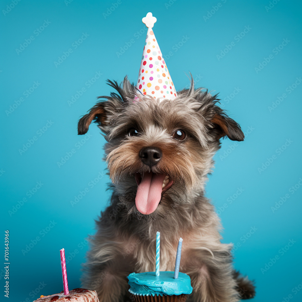 Happy cute scruffy dog celebrating with birthday cake and party hat ...
