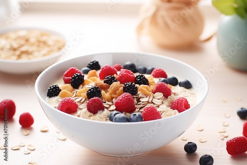 muesli with berries in a white plate, close up