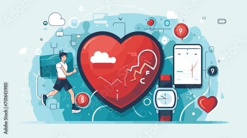 integration of technology into health and fitness routines with a vector art piece showcasing individuals using wearable devices, fitness apps, and smart equipment