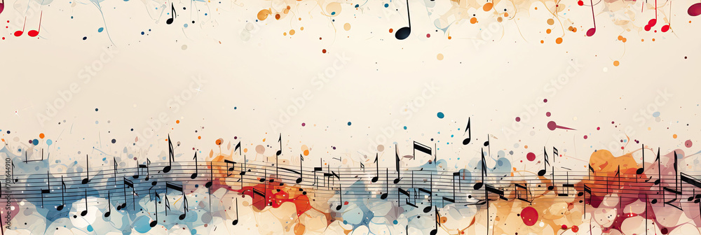 musical seamless pattern with multicolored notes, keys and signs on white background - obrazy, fototapety, plakaty 