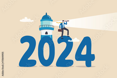 Year 2024 business forecast, prediction or searching new opportunity, success decision or analyze economic and investment concept, businessman look through telescope with 2024 lighthouse guiding.