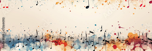 musical seamless pattern with multicolored notes, keys and signs on white background