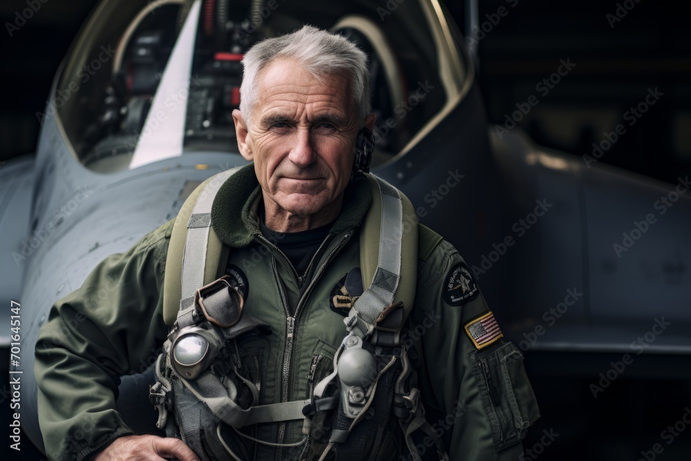 Portrait of an elderly pilot in a military uniform on the background of an airplane