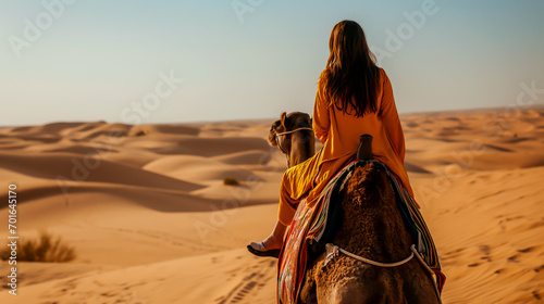 Female tourist on camelback exploring vast desert dunes at sunset.
 photo