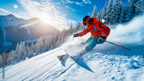 Alpine Skier in action on a sunny mountain slope, Ski resorts, off-piste and an active winter holiday. 